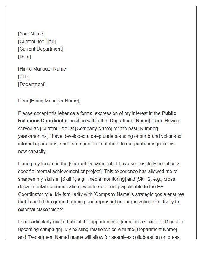 Public Relations Coordinator Internal Promotion Cover Letter Template