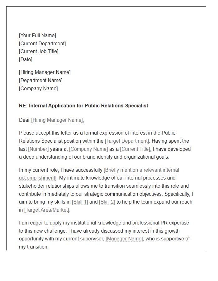 Public Relations Specialist Internal Transfer Cover Letter Template