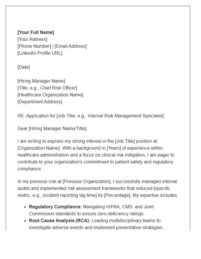 Healthcare Internal Risk Management Cover Letter Template