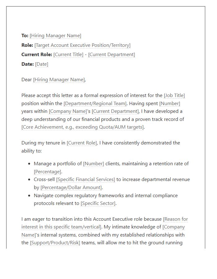 Financial Services Account Executive Internal Transfer Cover Letter Template
