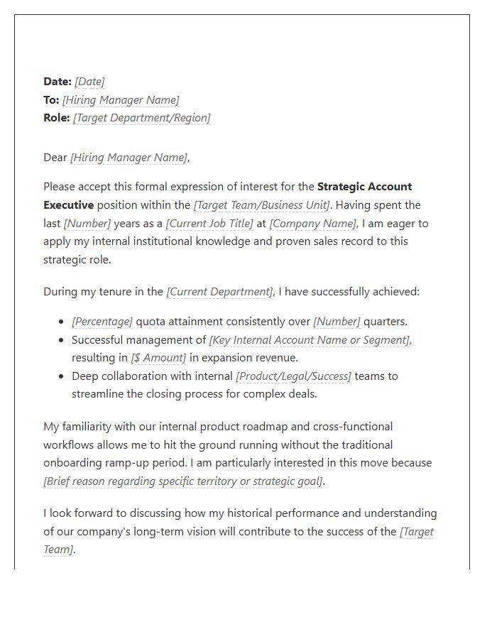 Strategic Account Executive Internal Transfer Cover Letter Template