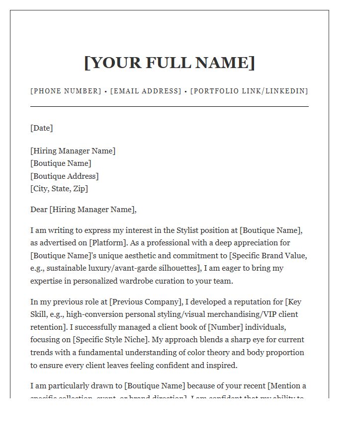 Boutique Fashion Stylist Cover Letter Template