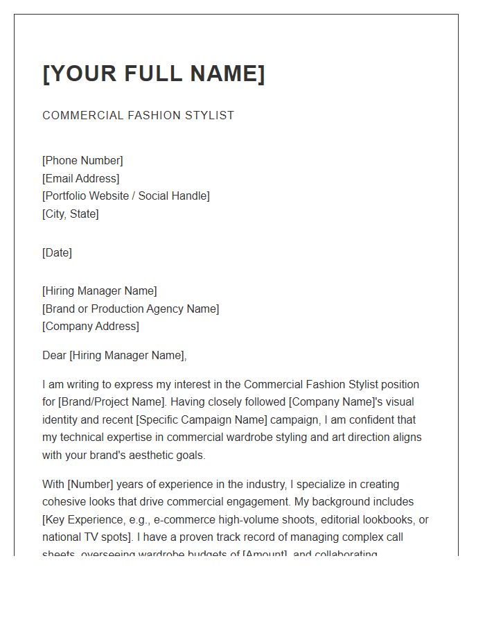 Commercial Fashion Stylist Cover Letter Template