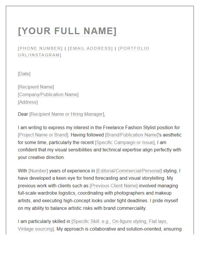 Freelance Fashion Stylist Cover Letter Template
