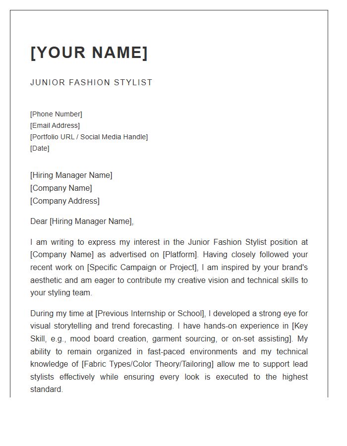 Junior Fashion Stylist Creative Industry Cover Letter Template