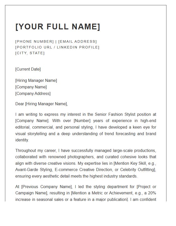 Senior Fashion Stylist Cover Letter Template