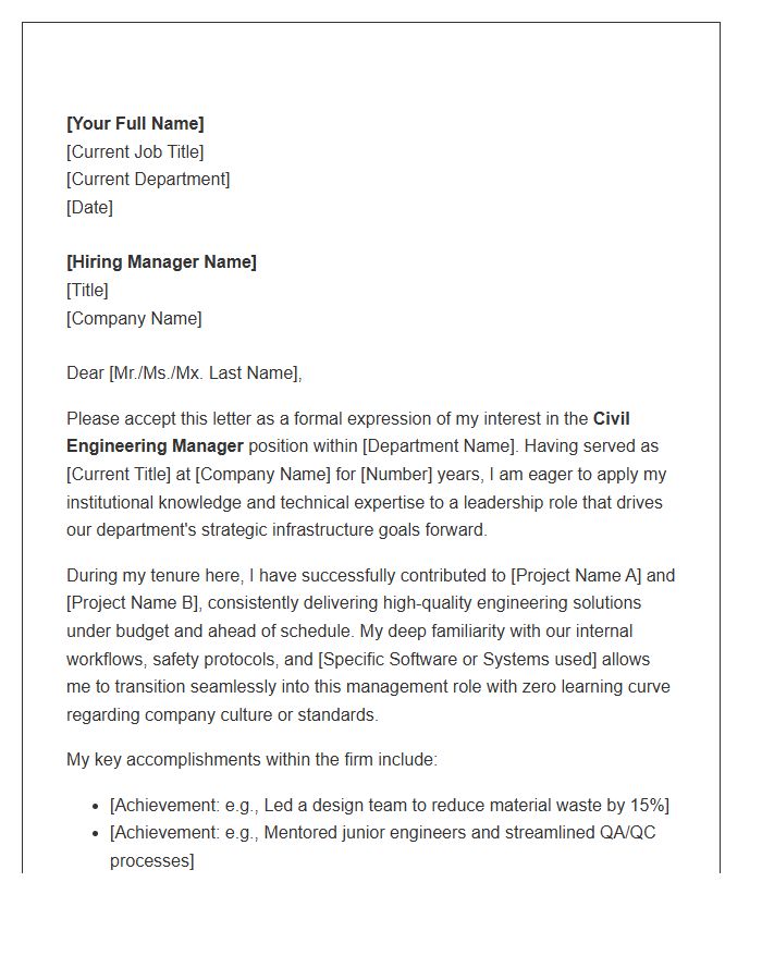 Civil Engineering Manager Internal Promotion Cover Letter Template