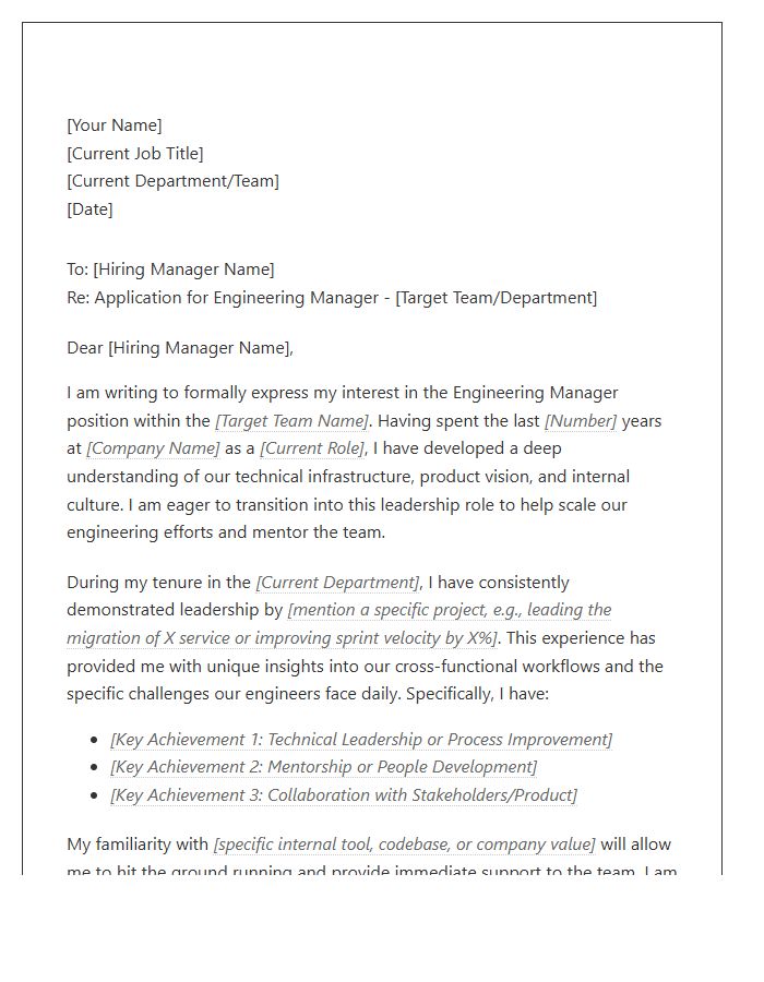 Internal Candidate Engineering Manager Cover Letter Template