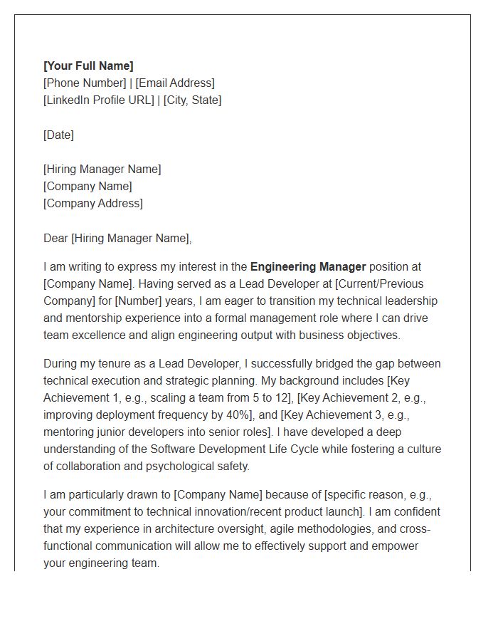 Lead Developer To Engineering Manager Cover Letter Template