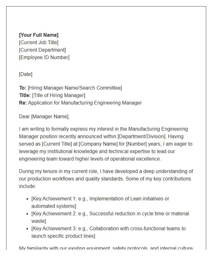 Manufacturing Engineering Manager Internal Promotion Cover Letter Template