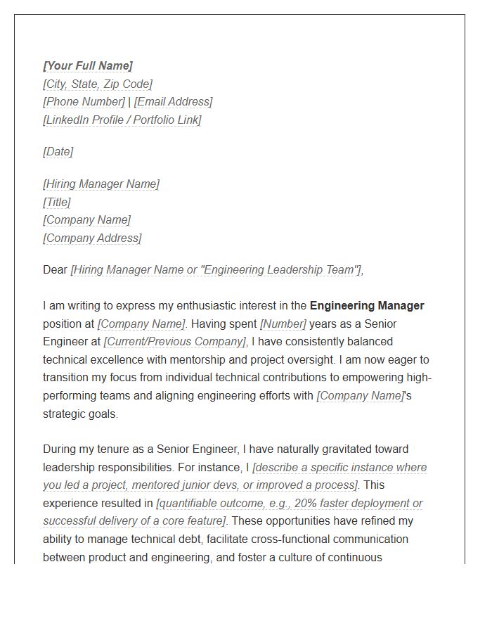 Senior Engineer To Engineering Manager Cover Letter Template