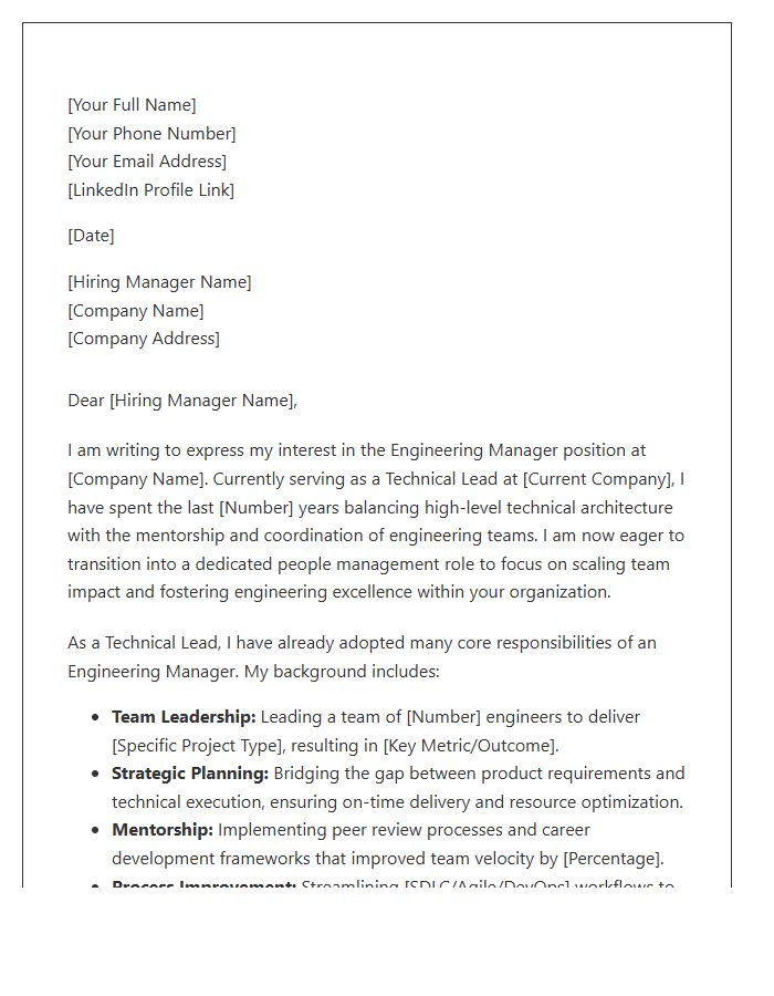 Technical Lead To Engineering Manager Cover Letter Template