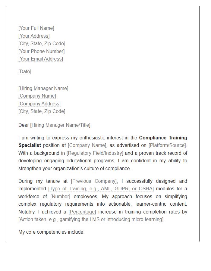Compliance Training Specialist Cover Letter Template