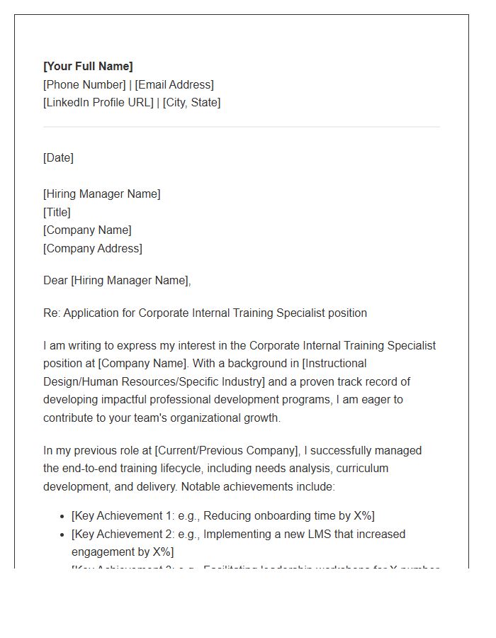 Corporate Internal Training Specialist Cover Letter Template