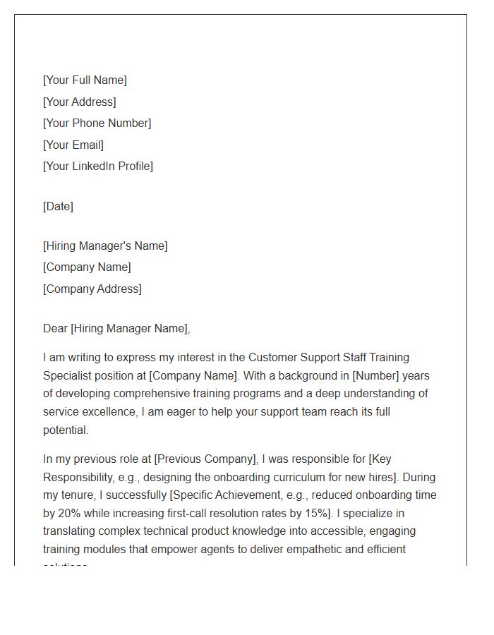 Customer Support Staff Training Specialist Cover Letter Template