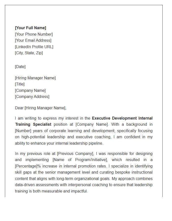 Executive Development Internal Training Specialist Cover Letter Template
