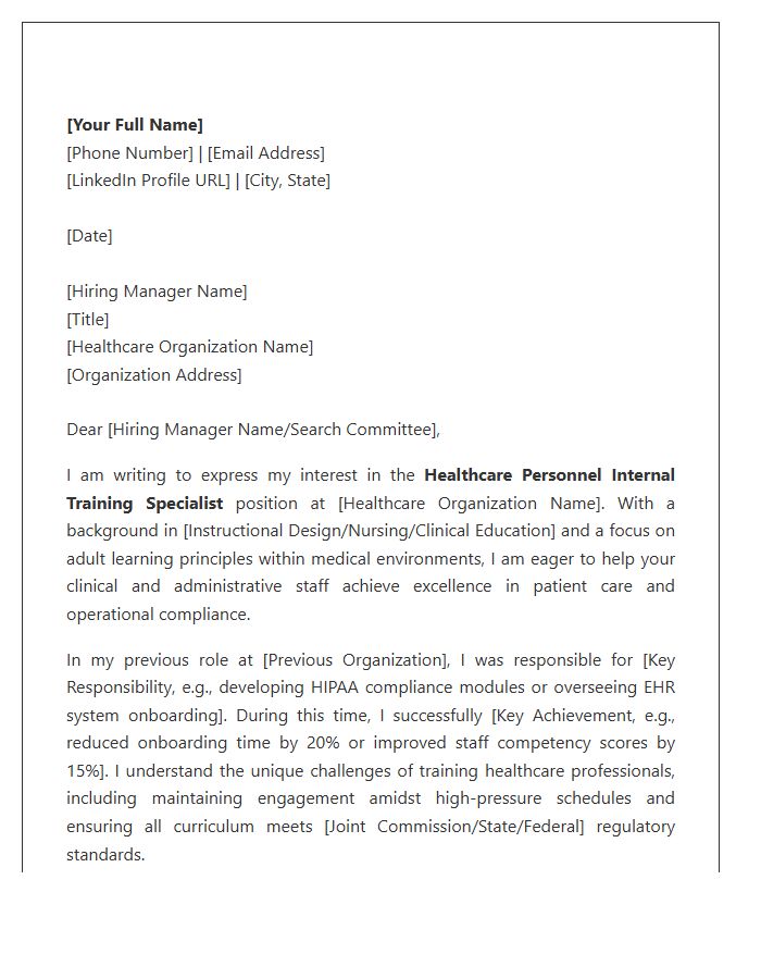 Healthcare Personnel Internal Training Specialist Cover Letter Template