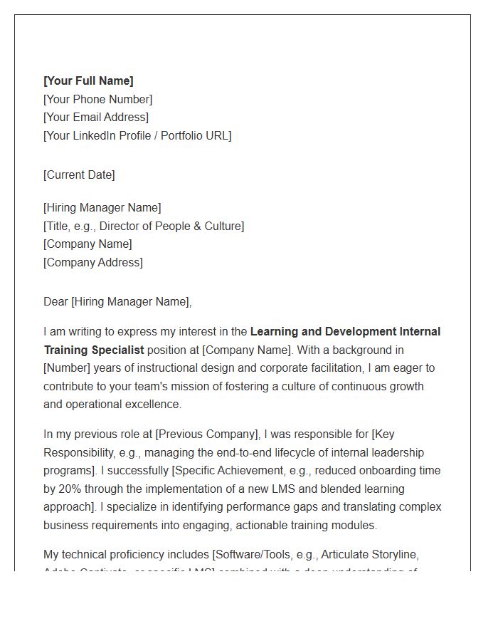 Learning And Development Internal Training Specialist Cover Letter Template