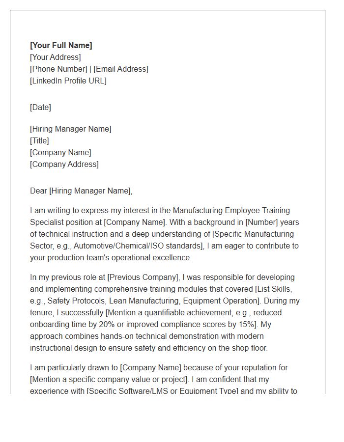 Manufacturing Employee Training Specialist Cover Letter Template