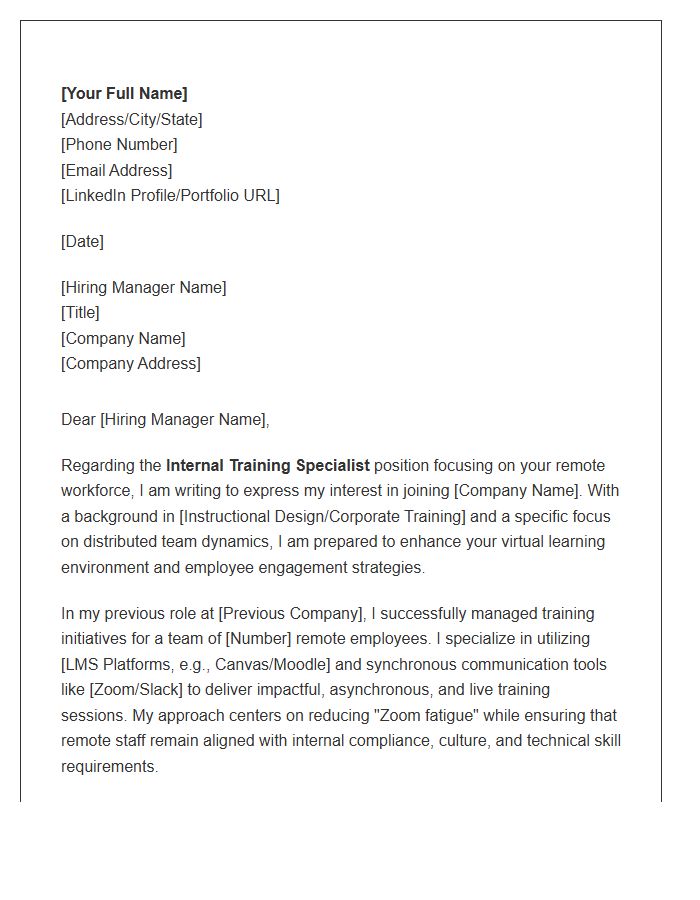 Remote Workforce Internal Training Specialist Cover Letter Template