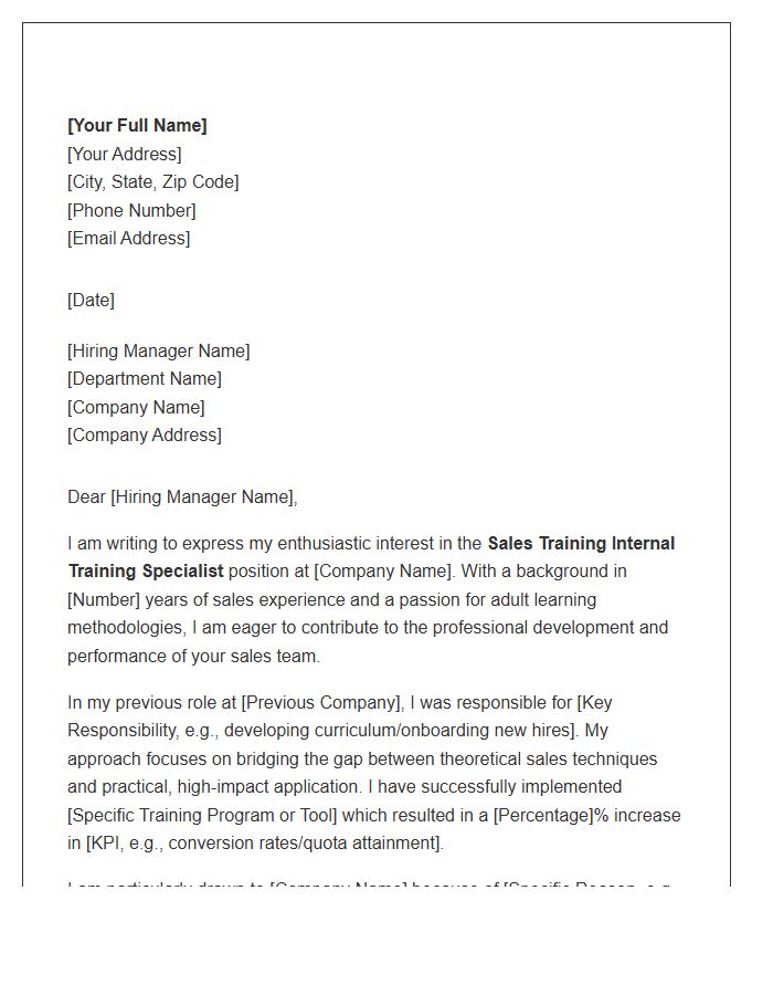 Sales Training Internal Training Specialist Cover Letter Template