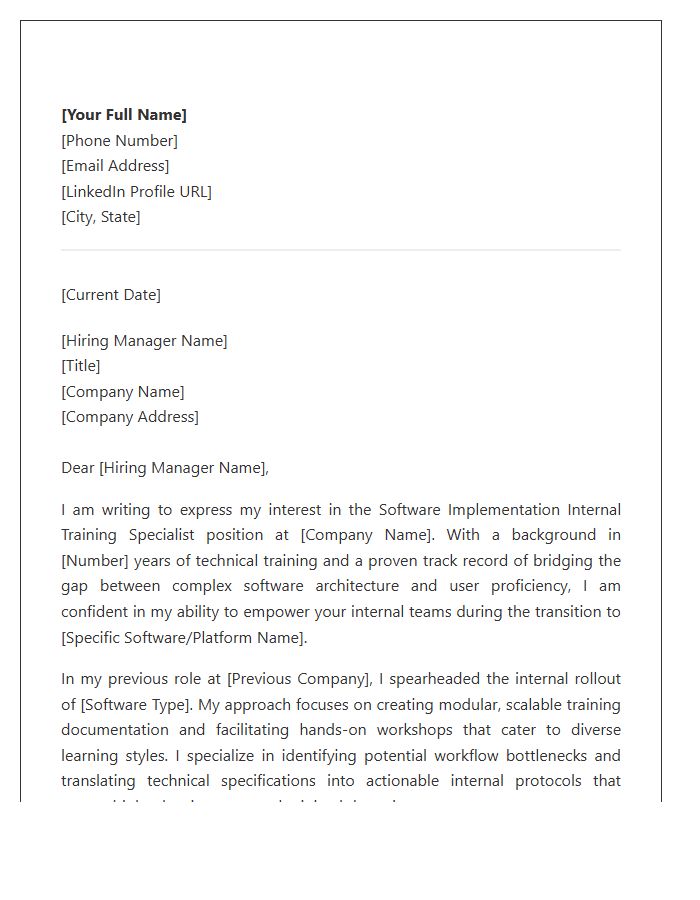 Software Implementation Internal Training Specialist Cover Letter Template