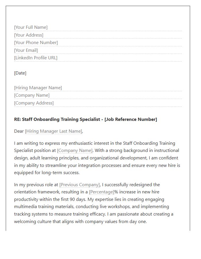 Staff Onboarding Training Specialist Cover Letter Template