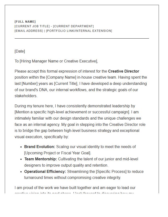 Creative Director Internal Promotion Cover Letter Template for In House Teams