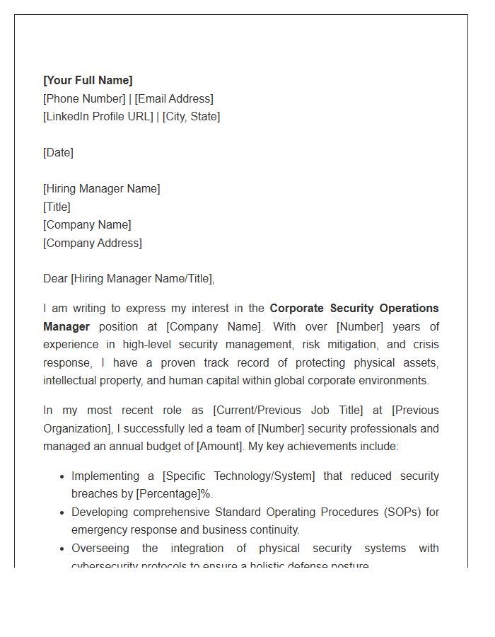 Corporate Security Operations Manager Cover Letter Template