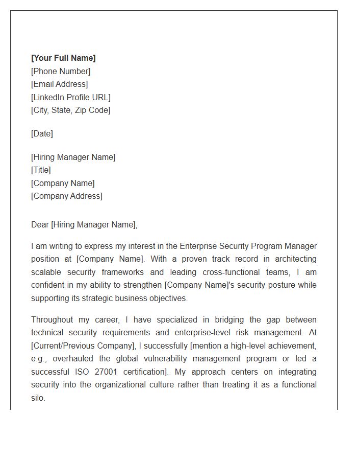 Enterprise Security Program Manager Cover Letter Template