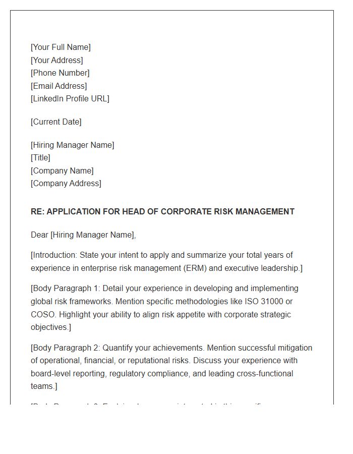 Head of Corporate Risk Management Cover Letter Template