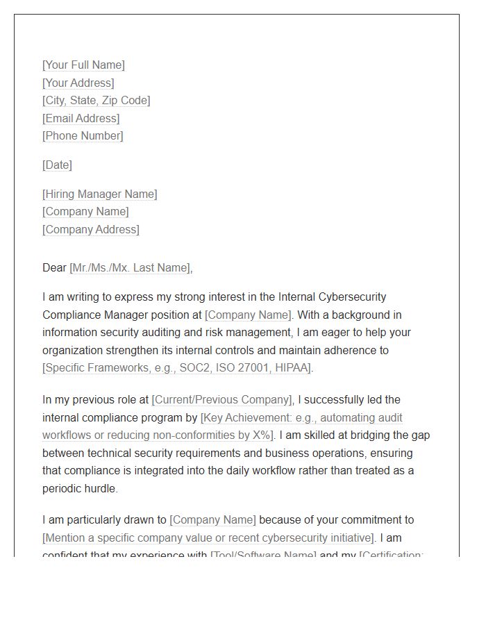 Internal Cybersecurity Compliance Manager Cover Letter Template