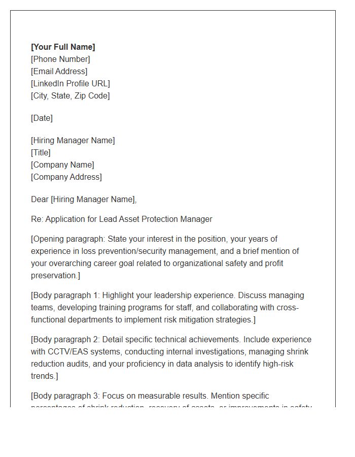 Lead Asset Protection Manager Cover Letter Template