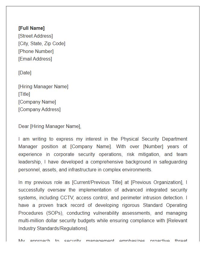 Physical Security Department Manager Cover Letter Template