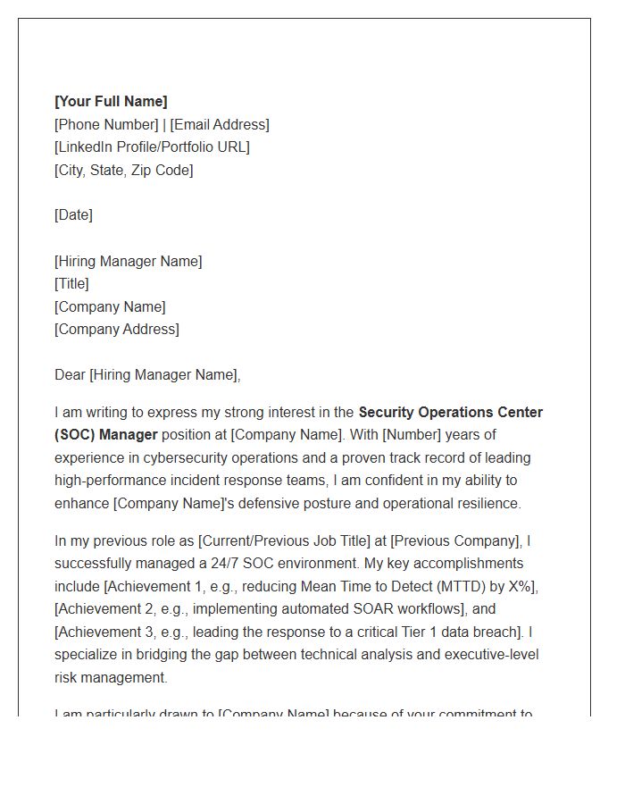 Security Operations Center Manager Cover Letter Template