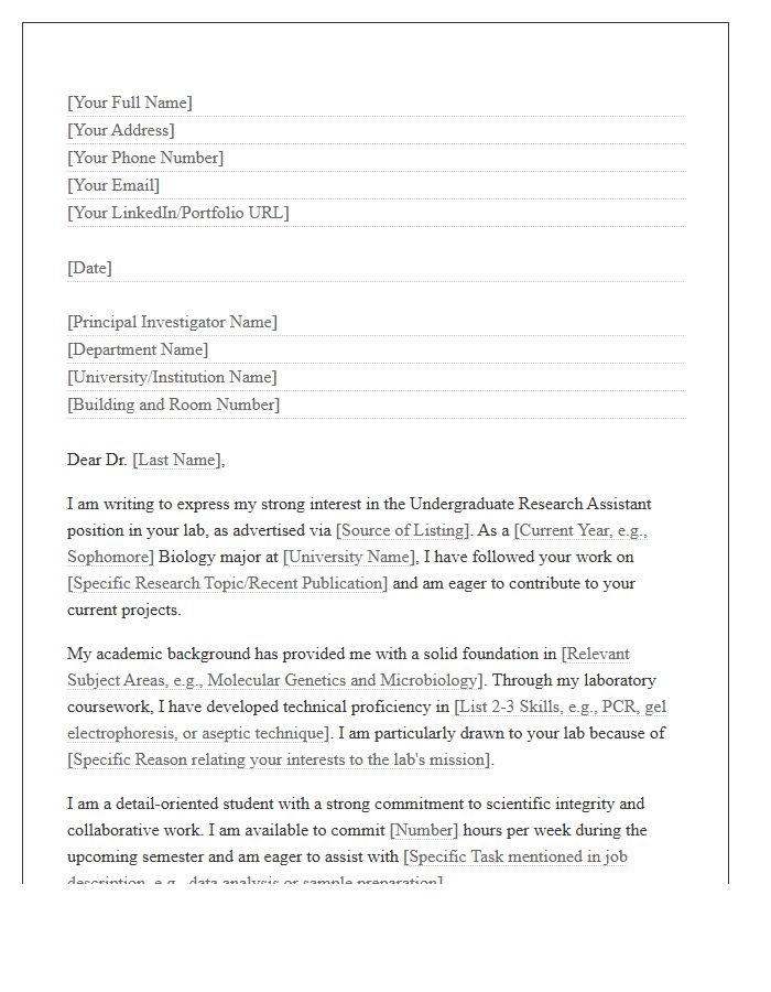 Biology Undergraduate Research Assistant Cover Letter Template