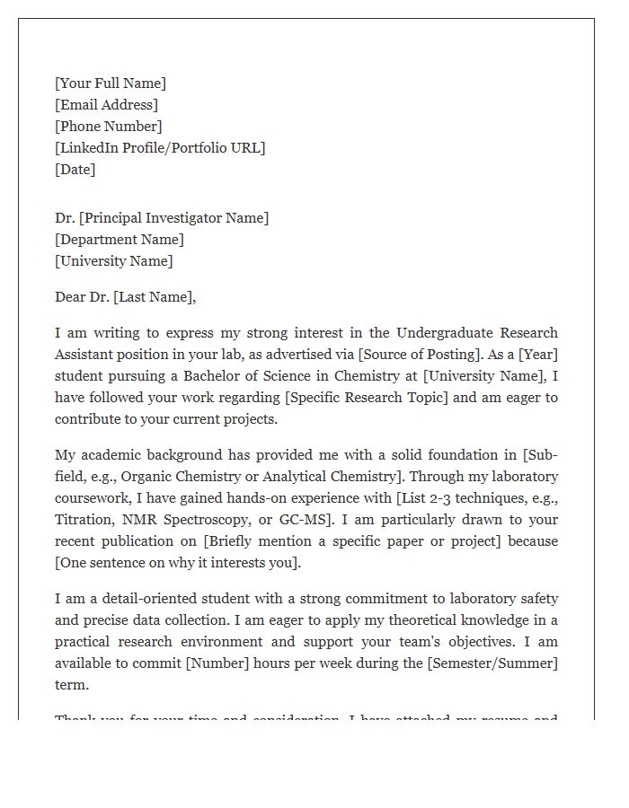 Chemistry Undergraduate Research Assistant Cover Letter Template