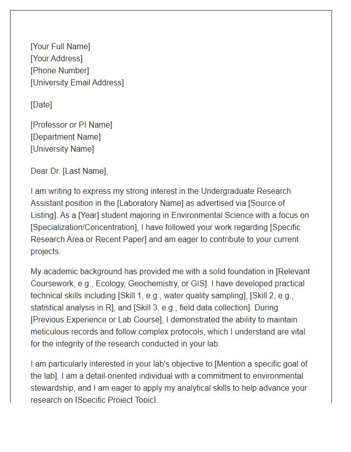 Environmental Science Undergraduate Research Assistant Cover Letter Template