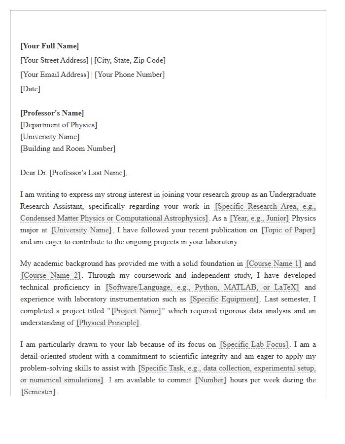 Physics Undergraduate Research Assistant Cover Letter Template