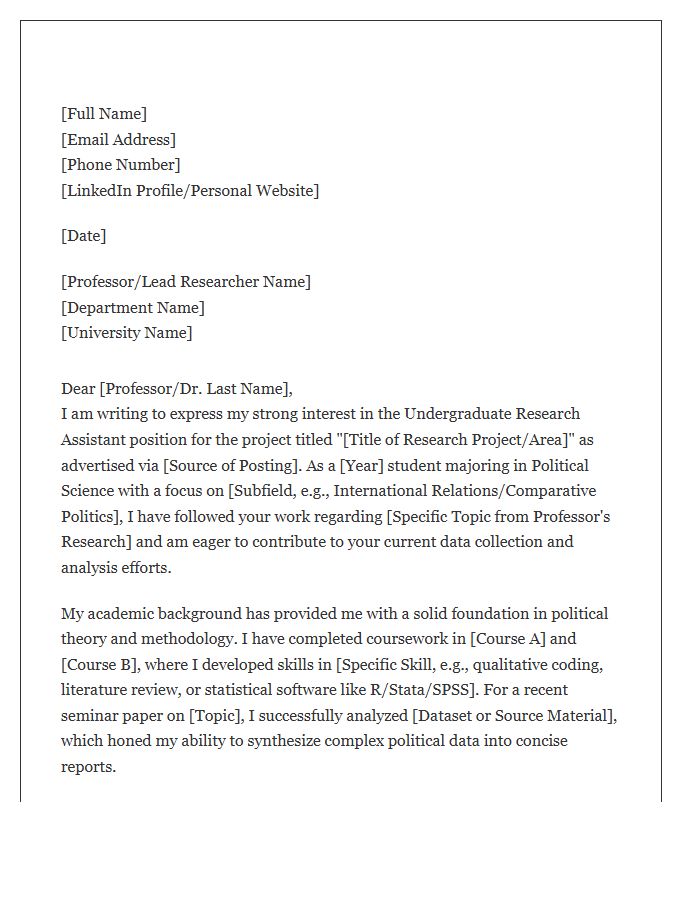 Political Science Undergraduate Research Assistant Cover Letter Template