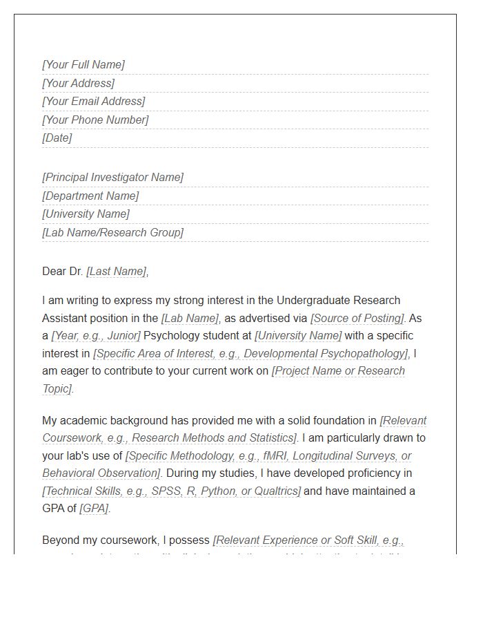 Psychology Undergraduate Research Assistant Cover Letter Template