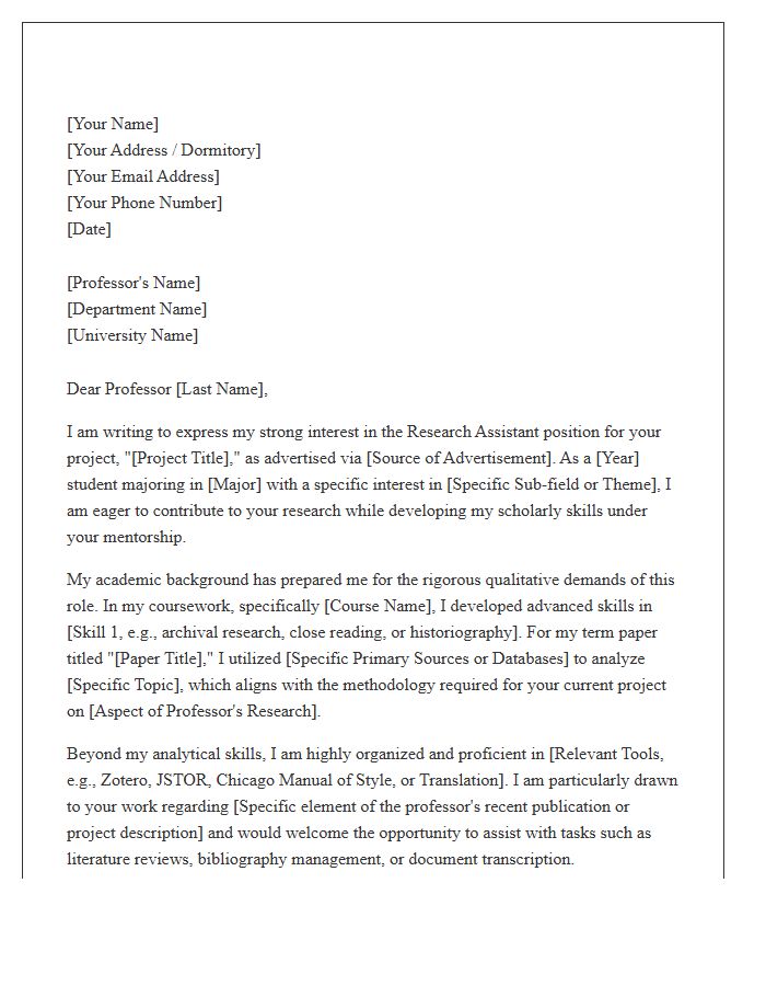 Undergraduate Research Assistant Cover Letter Template For Humanities Projects