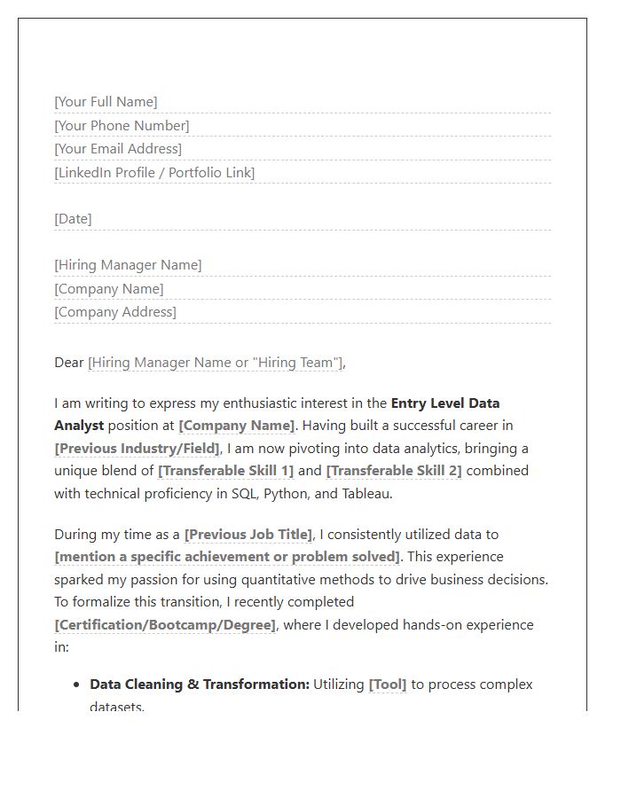 Career Changer Entry Level Data Analyst Cover Letter Template