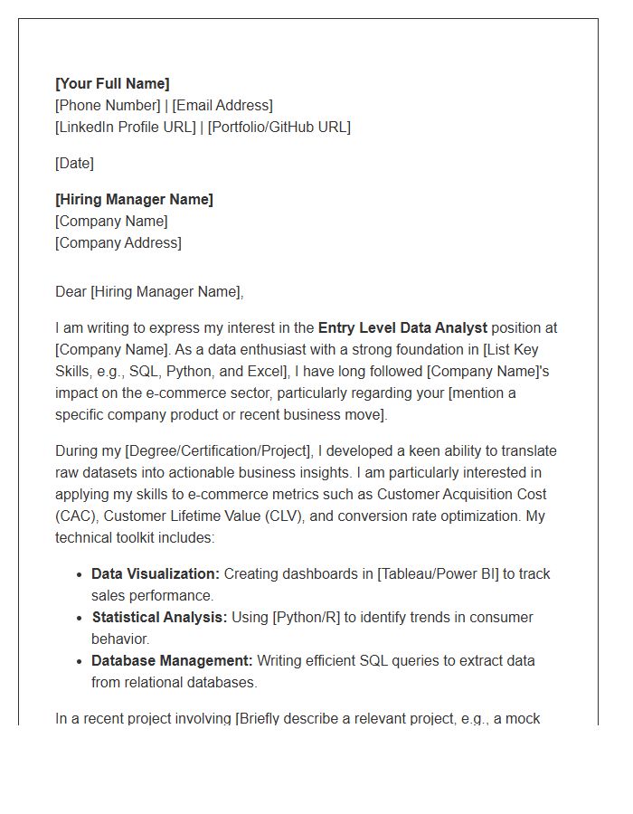 E-commerce Entry Level Data Analyst Cover Letter Template