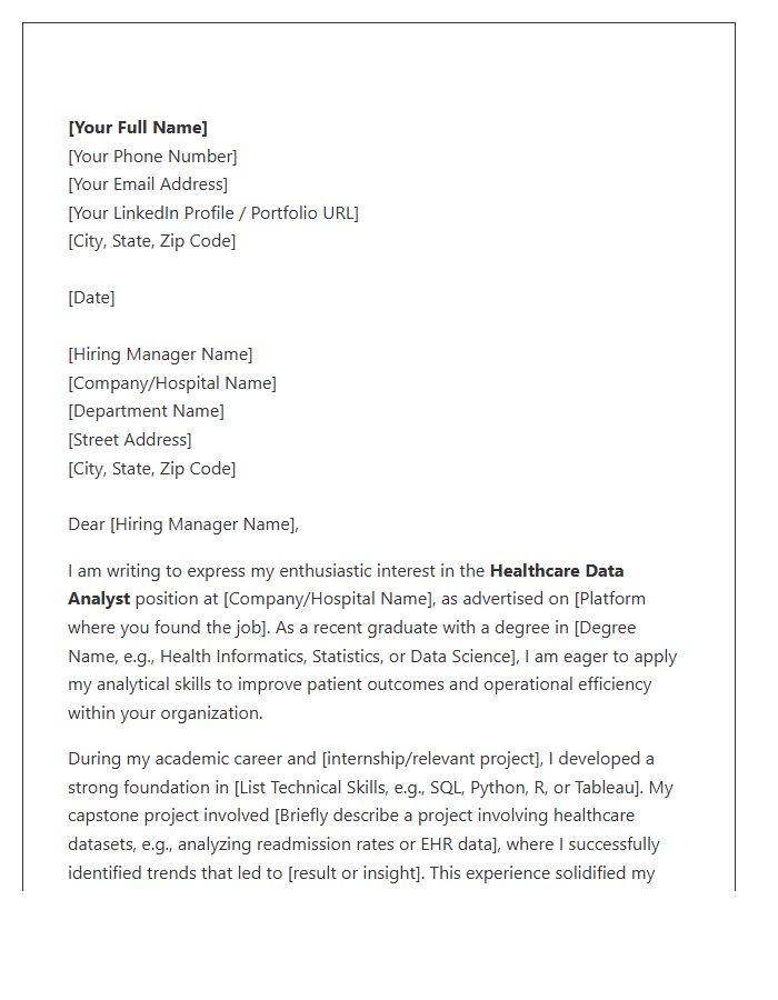 Healthcare Data Analyst Entry Level Cover Letter Template