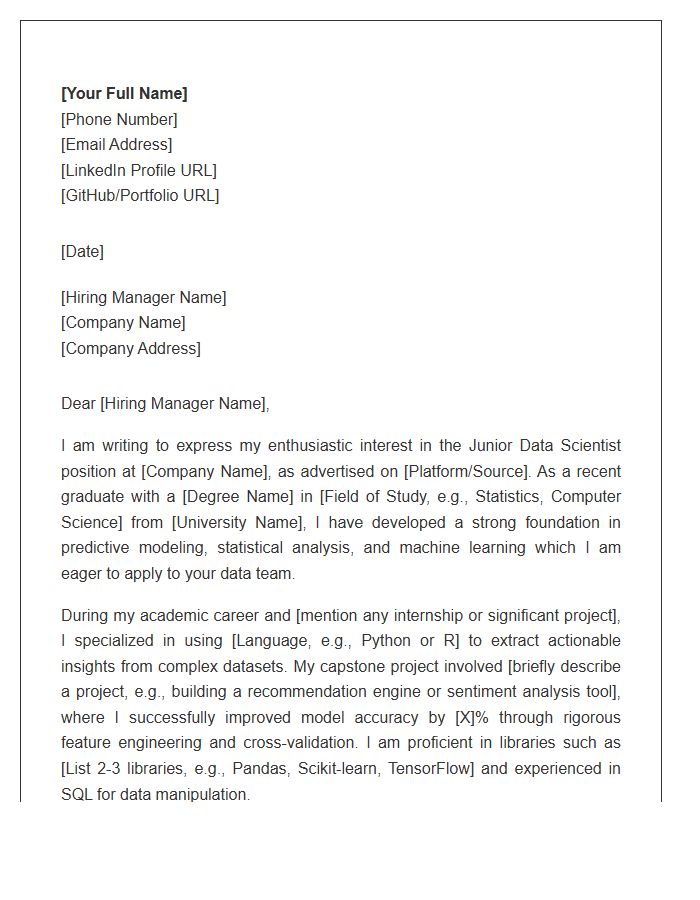 Junior Data Scientist Entry Level Cover Letter Template