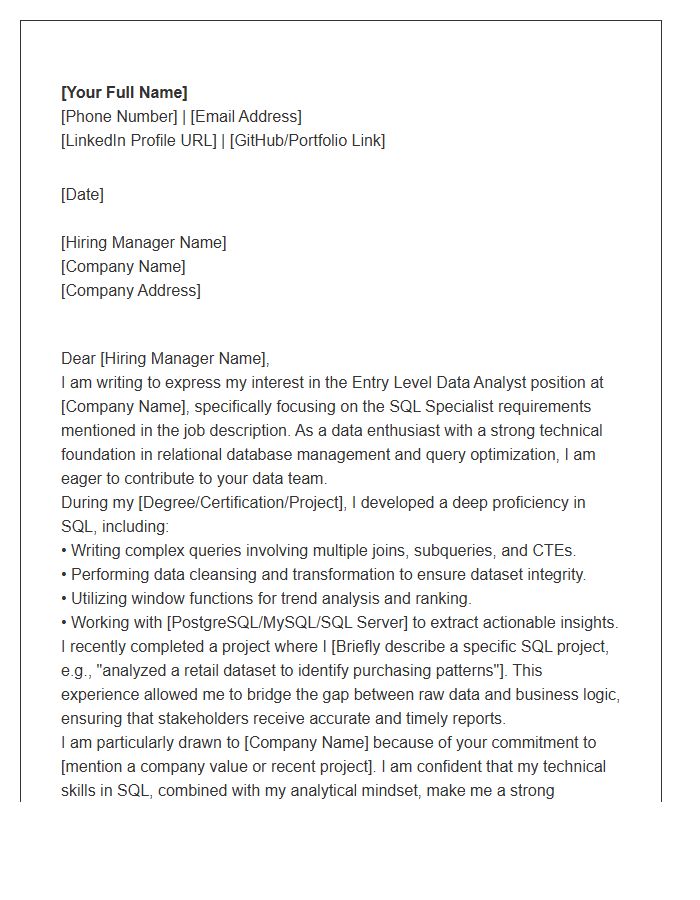 SQL Specialist Entry Level Data Analyst Cover Letter Template