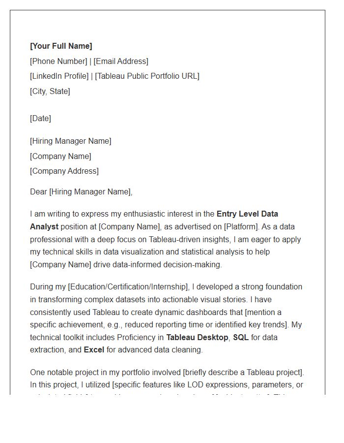 Tableau Visualization Entry Level Data Analyst Cover Letter Template