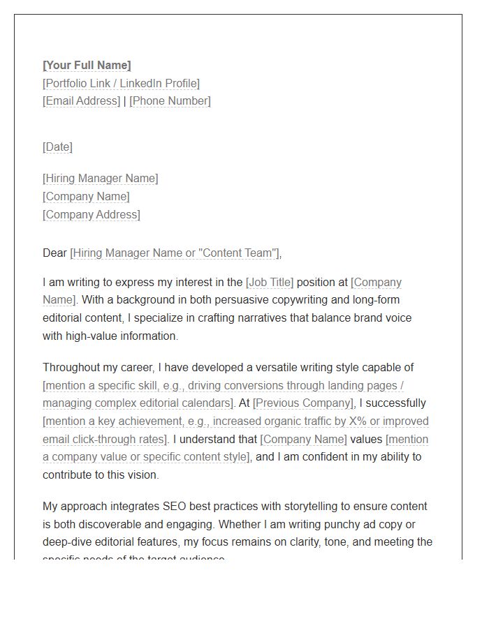 Copywriter And Editorial Content Writer Cover Letter Template