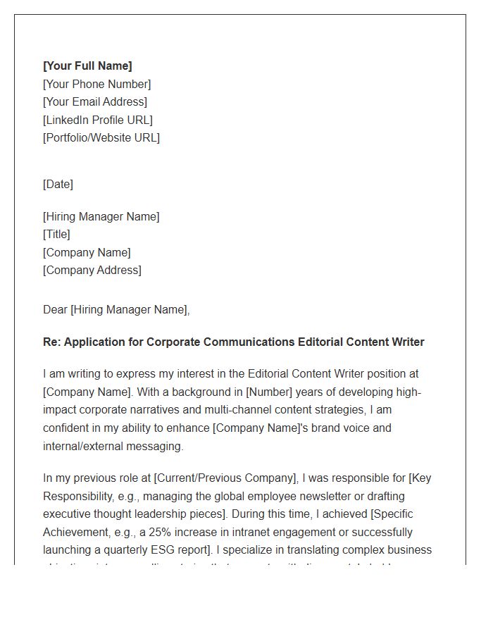 Corporate Communications Editorial Content Writer Cover Letter Template